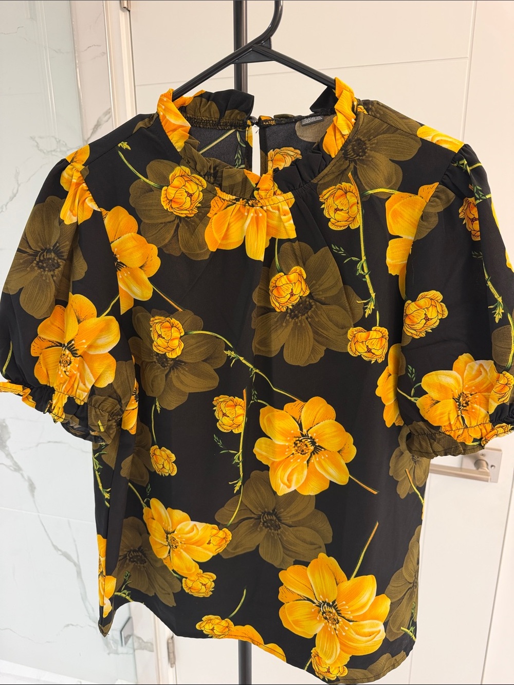 SHEIN Black Blouse with Yellow Floral Print